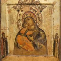 ВЛАДИМИРСКАЯ-ВОЛОКОЛАМСКАЯ икона БОГОРОДИЦЫ. Приписные Св. Михаил Тверской и пророк Илия. Россия, конец XVII в. (после реставрации), дерево, левкас, темпера, сусальное золото